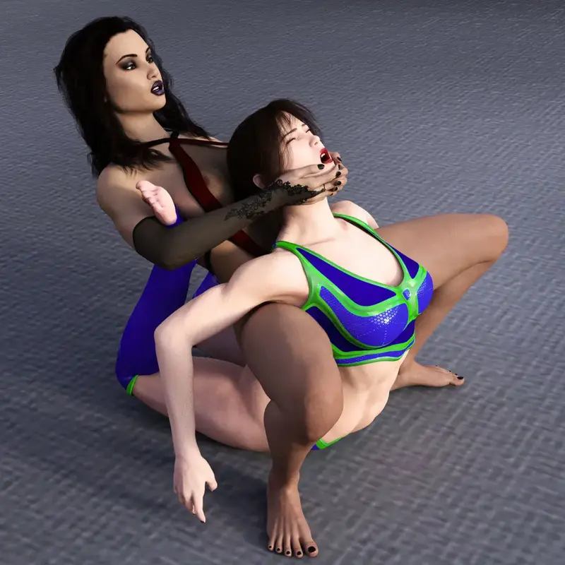 Sitting on her lower back you hook her arms over your thighs and hooking your hands under her chin you wrench back, applying a painful camel clutch...but that isn't enough so you hook her legs under your arms, trapping her legs and almost folding her in half. 