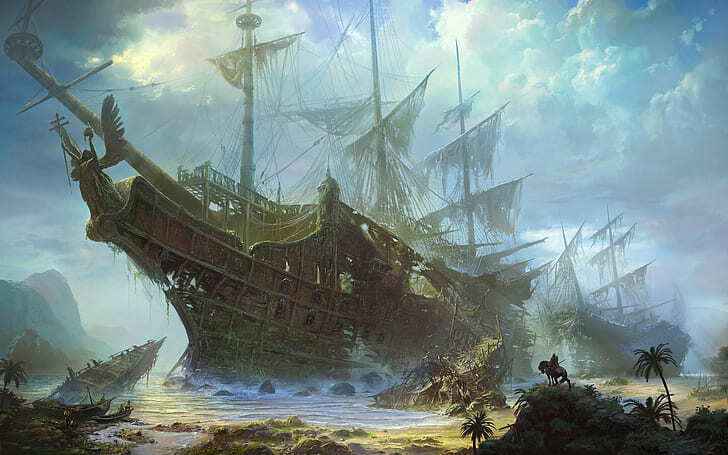 You come across a giant shipwreck, broken and battered by the forces of nature. Surely it must hold some kind of treasure in it.