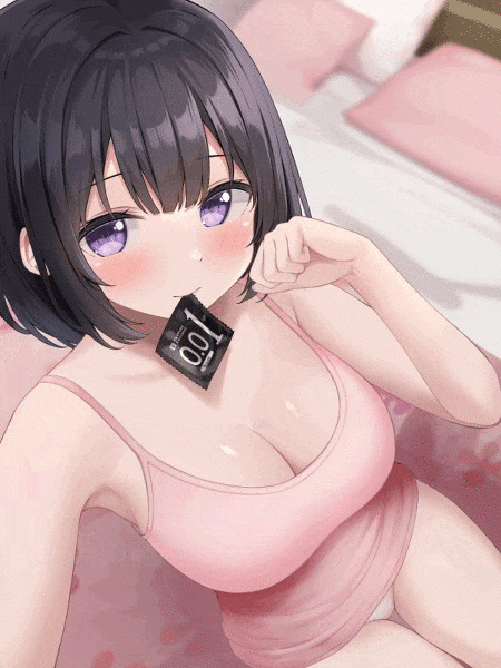 You hold a condom in your plump lips staring at him: your intentions are clear.