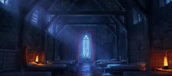 As you enter the sleeping hall of the monastery, you find a vast and ornate room, with long rows of wooden beds carefully aligned in symmetry. Soft candlelight illuminates the room, casting a warm and welcoming glow. 