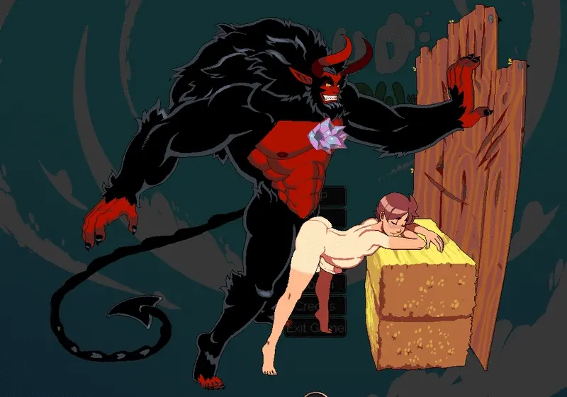 You chant the secret words you were taught. There's a charge in the air and then there is a flash and a bang and the smell of brimstone. A giant hairy Demon appears from the smoke and he looks horny. His giant  cock swings from side to side as he stomps towards your opponent, intent on making them cum with it.
