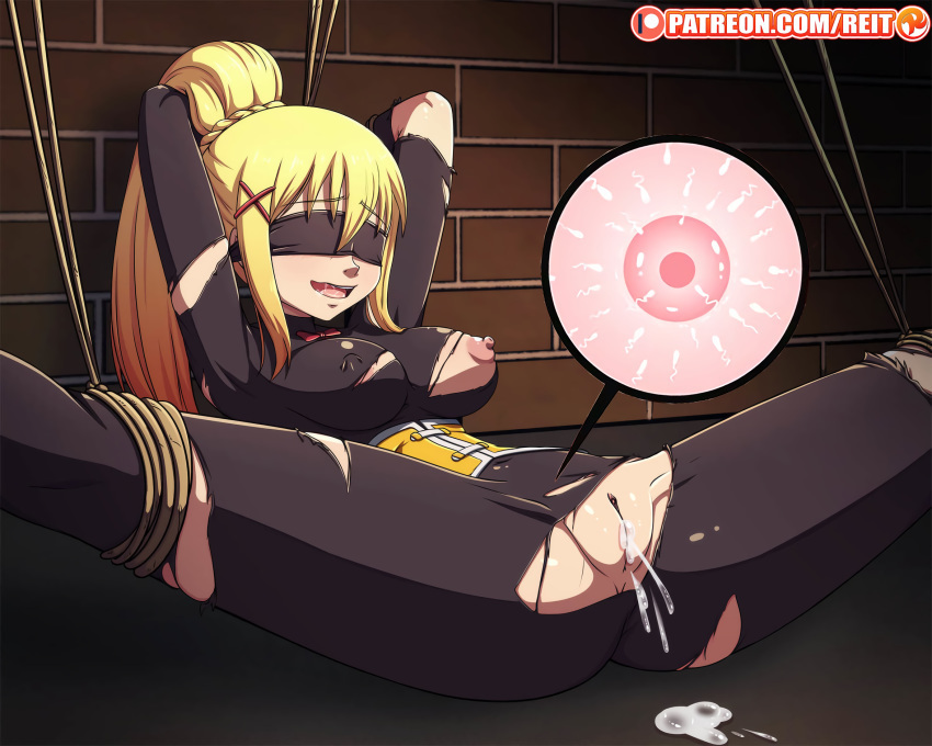 With the sight of your victory, you put your opponent in bondage before slamming your cock into her hard and fast. You were going to breed her while she was tied up like this~ after cumming inside of her. You can tell she enjoys this form of bondage~