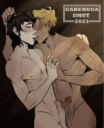You mount him and rub your cock on his. You smirk as you feel it throbbing and see the precum leaking out of the tip. Your opponent blushes and lets out a moan... he is cute, after all!